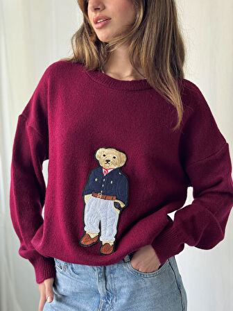 Retrobird Teddy Bear Kabartmalı Triko Kazak Kadın Bordo