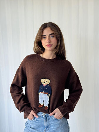 Retrobird Teddy Bear Kabartmalı Triko Kazak Kadın Kahverengi