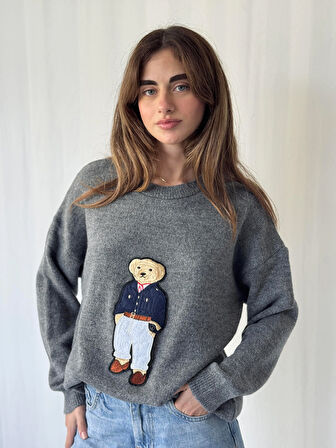 Retrobird Teddy Bear Kabartmalı Triko Kazak Kadın Gri