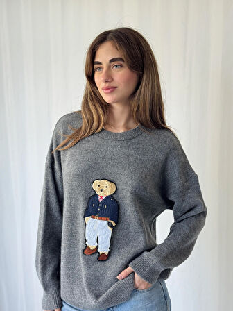 Retrobird Teddy Bear Kabartmalı Triko Kazak Kadın Gri