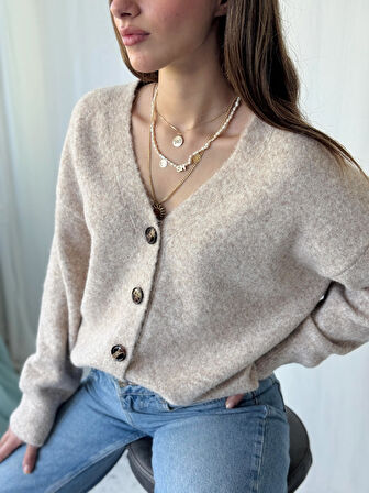 Retrobird Önden Düğmeli Basic Şardonlu Hırka Kadın Kum