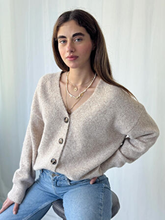 Retrobird Önden Düğmeli Basic Şardonlu Hırka Kadın Kum