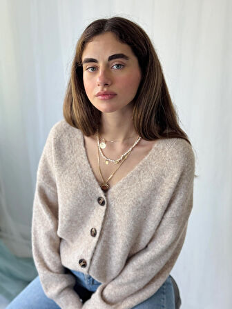 Retrobird Önden Düğmeli Basic Şardonlu Hırka Kadın Kum