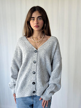 Retrobird Önden Düğmeli Basic Şardonlu Hırka Kadın Açık Gri