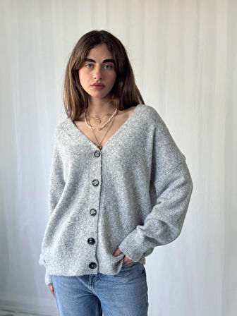 Retrobird Önden Düğmeli Basic Şardonlu Hırka Kadın Açık Gri