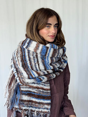 Retrobird Büyük Boy Soft Örgü Atkı Kadın Mavi Kahve