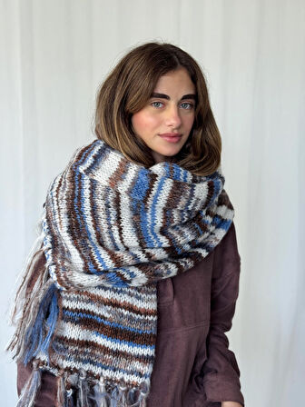 Retrobird Büyük Boy Soft Örgü Atkı Kadın Mavi Kahve