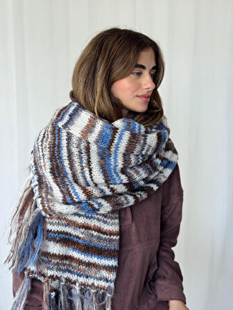 Retrobird Büyük Boy Soft Örgü Atkı Kadın Mavi Kahve