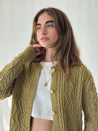 Retrobird Gold Düğmeli Ajurlu Hırka Kadın Olive