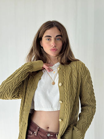 Retrobird Gold Düğmeli Ajurlu Hırka Kadın Olive