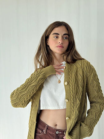 Retrobird Gold Düğmeli Ajurlu Hırka Kadın Olive