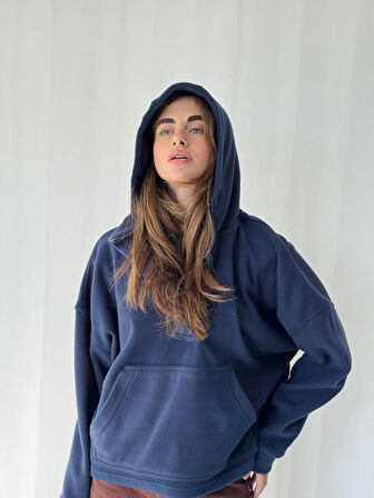 Retrobird Polar Kumaş Oversize Kapüşonlu Sweatshirt Kadın Lacivert