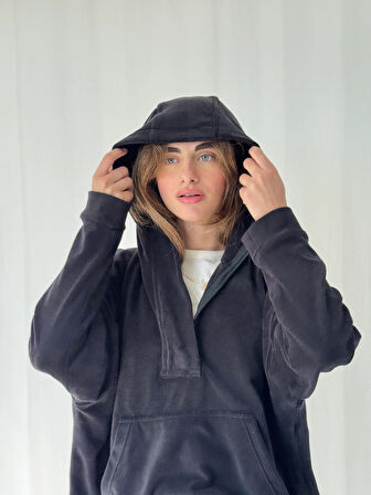 Retrobird Polar Kumaş Oversize Kapüşonlu Sweatshirt Kadın Siyah