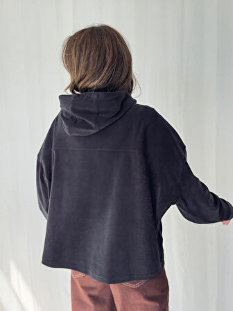 Retrobird Polar Kumaş Oversize Kapüşonlu Sweatshirt Kadın Siyah