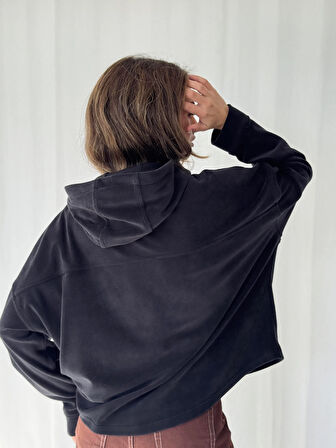 Retrobird Polar Kumaş Oversize Kapüşonlu Sweatshirt Kadın Siyah