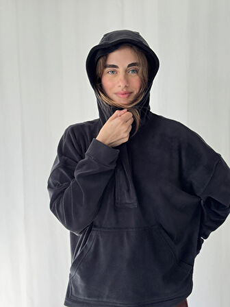 Retrobird Polar Kumaş Oversize Kapüşonlu Sweatshirt Kadın Siyah