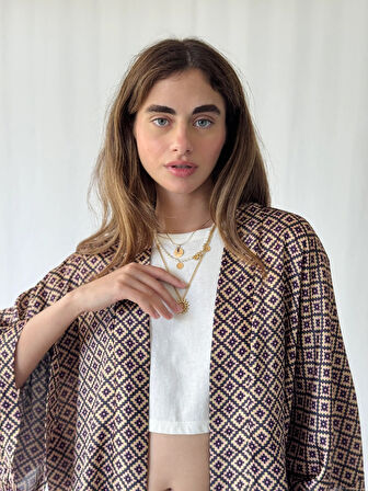 YENİ Tasarım Boho Desen Mini Kimono Kadın Buğday