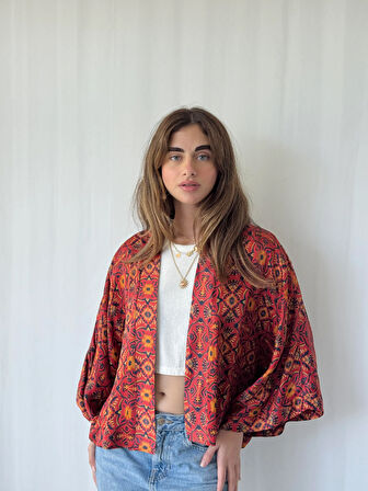 YENİ Tasarım Boho Desen Mini Kimono Kadın Koyu Kiremit