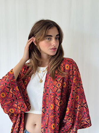 YENİ Tasarım Boho Desen Mini Kimono Kadın Koyu Kiremit