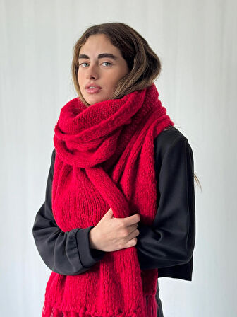 Retrobird Büyük Boy Soft Örgü Atkı Kadın Kırmızı