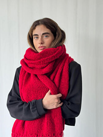 Retrobird Büyük Boy Soft Örgü Atkı Kadın Kırmızı