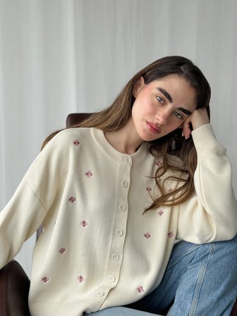 Retrobird Nakış İşlemeli Romantik Hırka Kadın Krem Lila