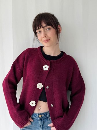 Retrobird Daisy Bloom Çiçek Düğmeli Hırka Kadın Bordo