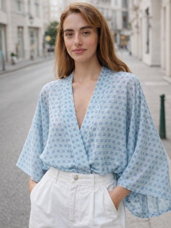 Retrobird Tasarım Boho Mini Kimono Kadın Açık Mavi