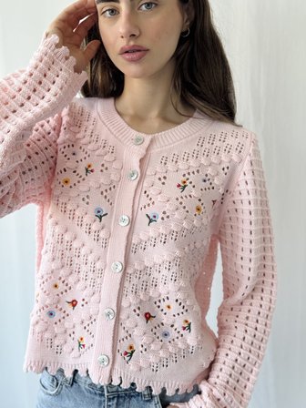 Retrobird Nakış İşlemeli Romantik Hırka Kadın Pembe