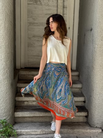 Retrobird Valerie Şifon Kloş Astarlı Uzun Etek Kadın Turuncu Mavi