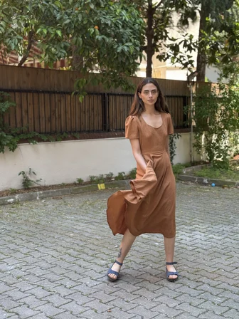 Retrobird Tasarım Matilda Uzun Elbise Kadın Tarçın Renkli
