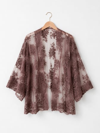 Retrobird Tasarım Transparan Dantel Boho Mini Kimono Kadın Vizon