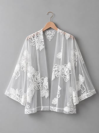 Retrobird Tasarım Transparan Dantel Boho Mini Kimono Kadın Beyaz