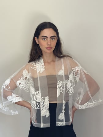 Retrobird Tasarım Transparan Dantel Boho Mini Kimono Kadın Beyaz