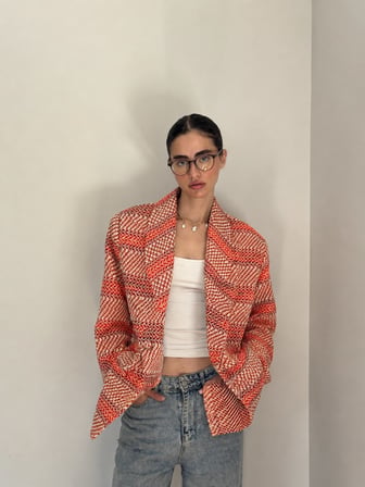 Retrobird 90'lar Retro Model Oversize Tasarım Ekose Ceket Kadın Mercan