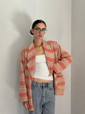 Retrobird 90'lar Retro Model Oversize Tasarım Ekose Ceket Kadın Mercan