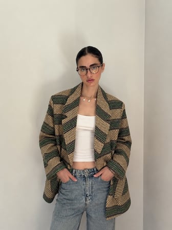 Retrobird 90'lar Retro Model Oversize Tasarım Ekose Ceket Kadın Yeşil-Krem