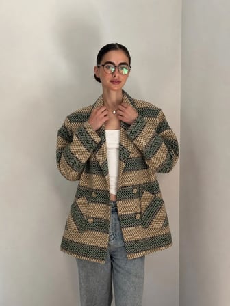 Retrobird 90'lar Retro Model Oversize Tasarım Ekose Ceket Kadın Yeşil-Krem