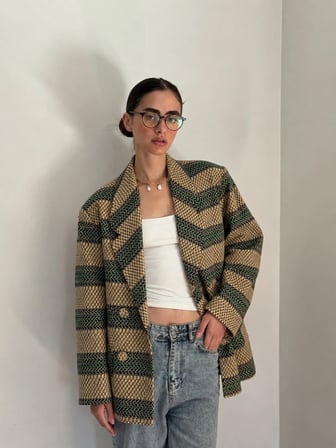 Retrobird 90'lar Retro Model Oversize Tasarım Ekose Ceket Kadın Yeşil-Krem
