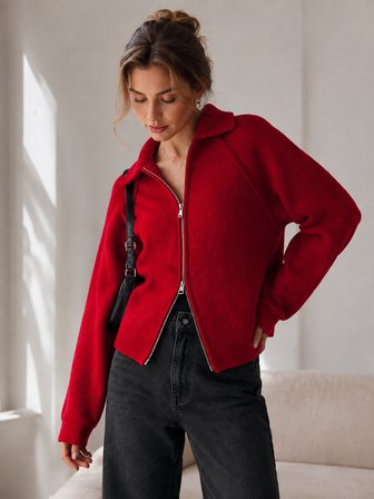 Retrobird Rosalie Oversize Polo Yaka Çift Fermuarlı Triko Hırka Kadın Kırmızı