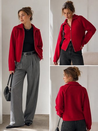 Retrobird Rosalie Oversize Polo Yaka Çift Fermuarlı Triko Hırka Kadın Kırmızı