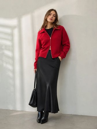 Retrobird Rosalie Oversize Polo Yaka Çift Fermuarlı Triko Hırka Kadın Kırmızı