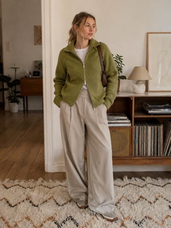Retrobird Rosalie Oversize Polo Yaka Çift Fermuarlı Triko Hırka Kadın Haki