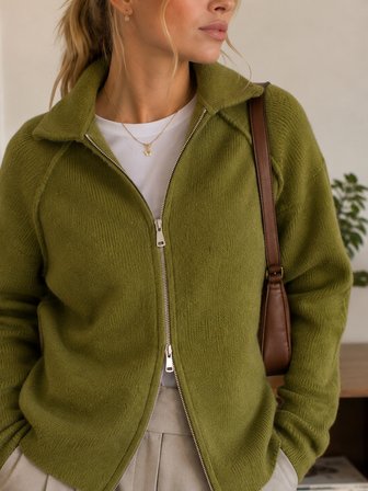 Retrobird Rosalie Oversize Polo Yaka Çift Fermuarlı Triko Hırka Kadın Haki