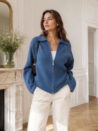 Retrobird Rosalie Oversize Polo Yaka Çift Fermuarlı Triko Hırka Kadın Lacivert