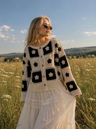 Retrobird Lottie Çiçek Motifli Düğmeli Kroşe Hırka Kadın Krem - Siyah