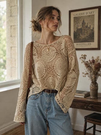 Retrobird Mabel Mandala Motifli Ajurlu Kroşe Kazak Kadın Krem