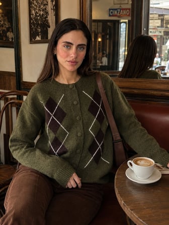 Retrobird Sally Baklava Desenli Düğmeli Triko Hırka Kadın Haki
