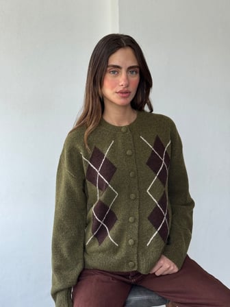 Retrobird Sally Baklava Desenli Düğmeli Triko Hırka Kadın Haki