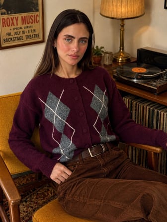 Retrobird Sally Baklava Desenli Düğmeli Triko Hırka Kadın Bordo